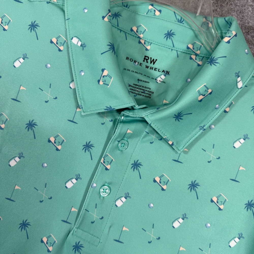 Rorie Whelan Golf Polo Mens XXL Green Palm Tree Golf Cart Print Performance NEW